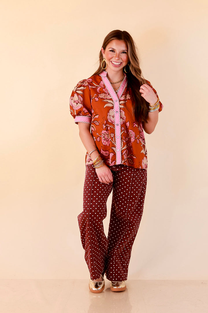 Pop of Polish Short Puff Sleeve Button Front Floral Top with Contrast Trim in Rust Orange and Pink