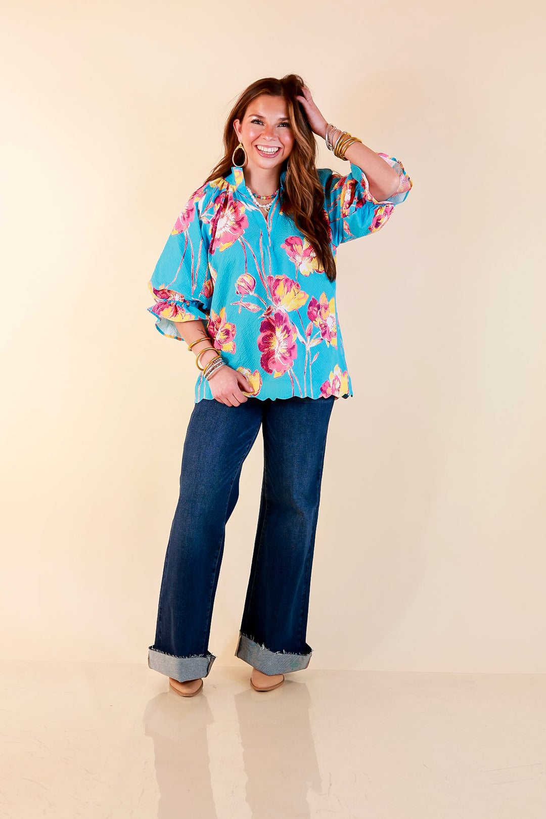 Petal Perfect Floral Print Textured Puff Sleeve Top with Ruffle Split Neckline in Aqua Mix