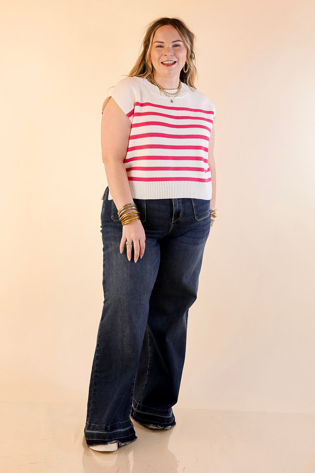 Stripe Things Up Drop Shoulder Knit Sweater in White with Hot Pink Stripes