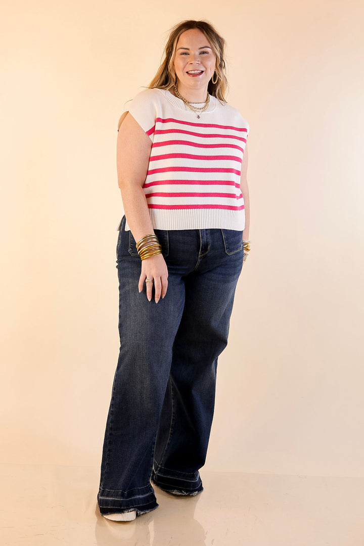 Stripe Things Up Drop Shoulder Knit Sweater in White with Hot Pink Stripes