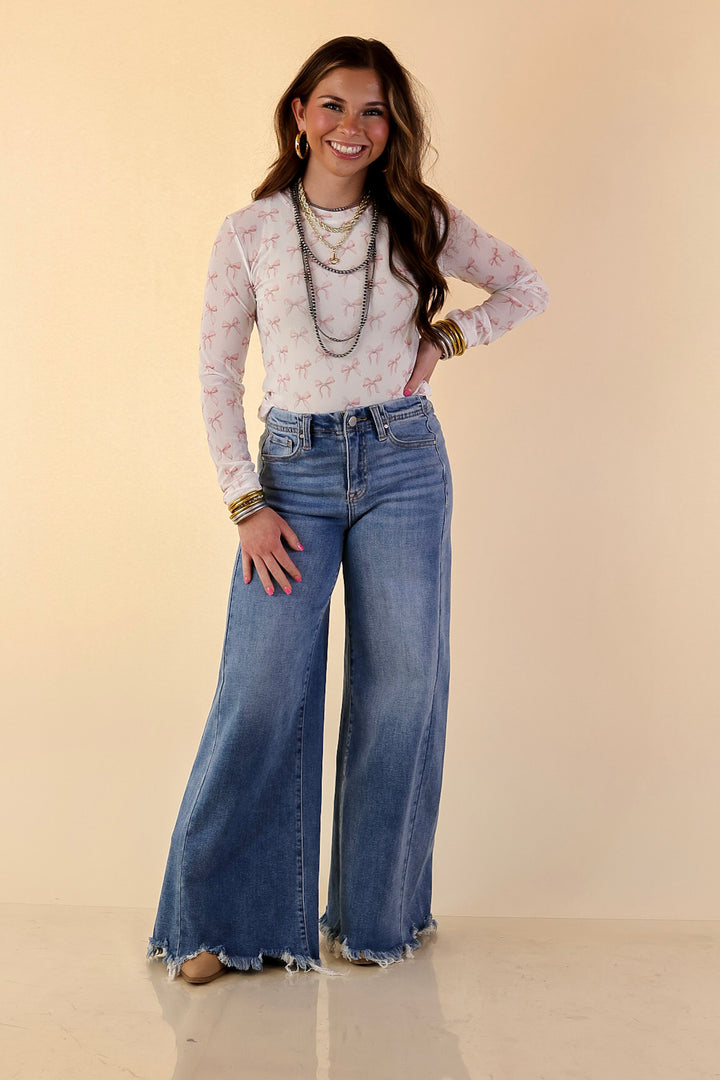 The Perfect Layer Coquette Pink Bow Print Mesh Long Sleeve Top in Ivory