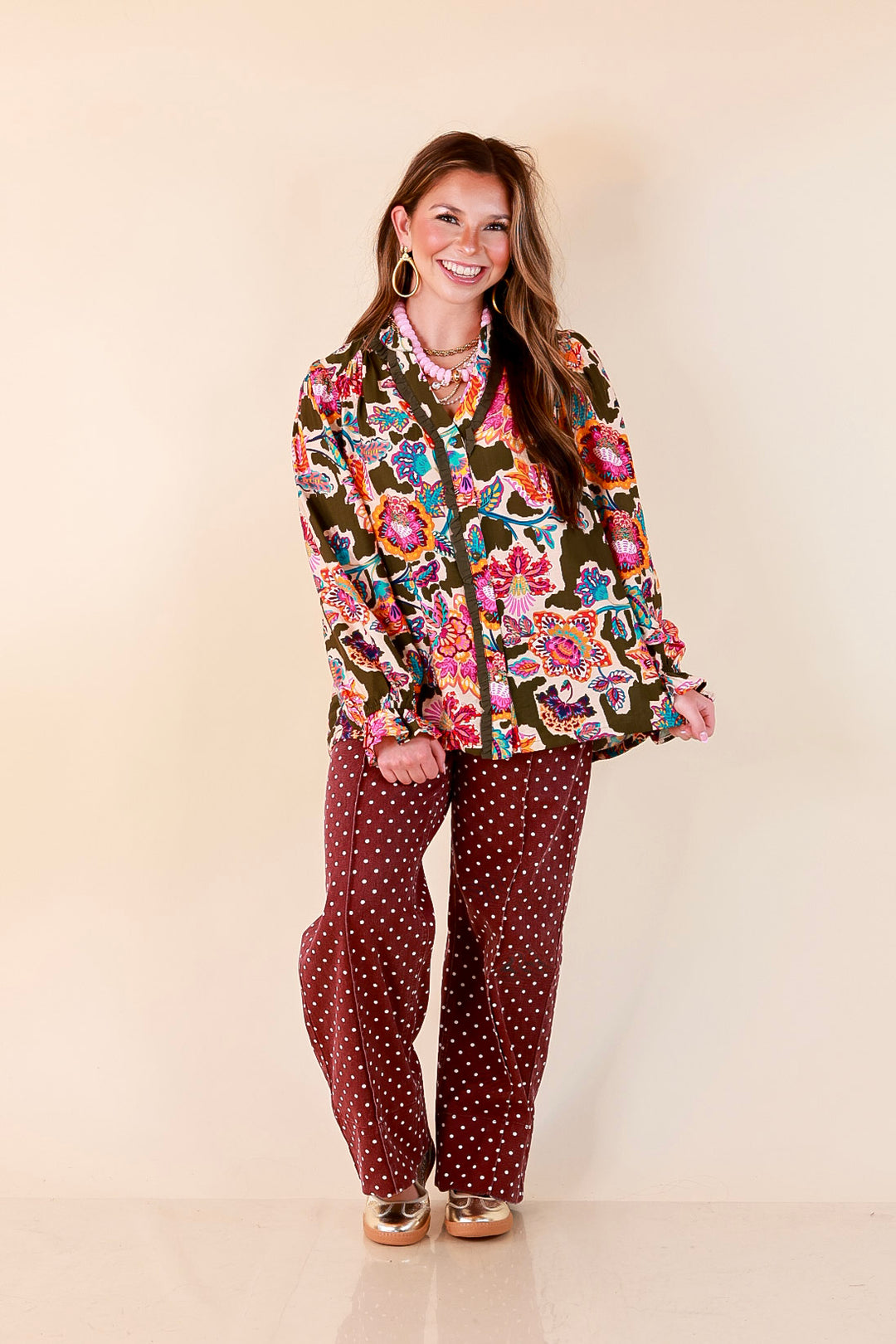 Petal Pop Floral Print Ruffle Front Button Up Long Sleeve Top with Balloon Sleeves in Olive Green