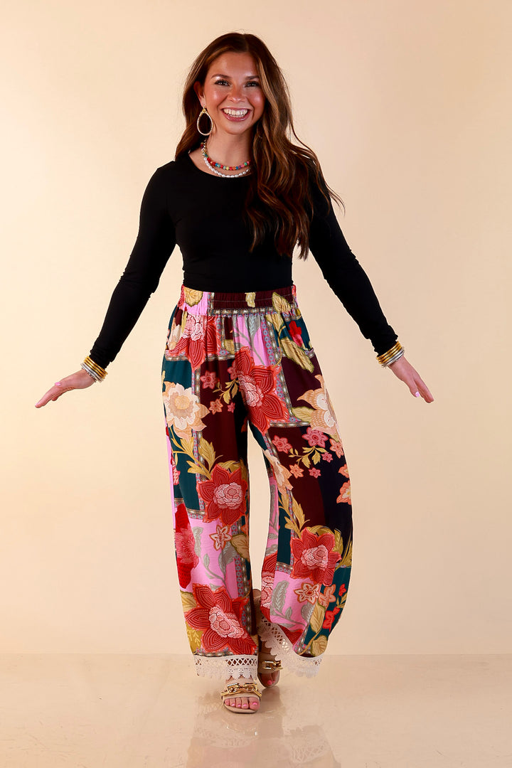 Patchwork Flair Floral Patchwork Print Wide Leg Pants with Lace Trim in Pink Mix