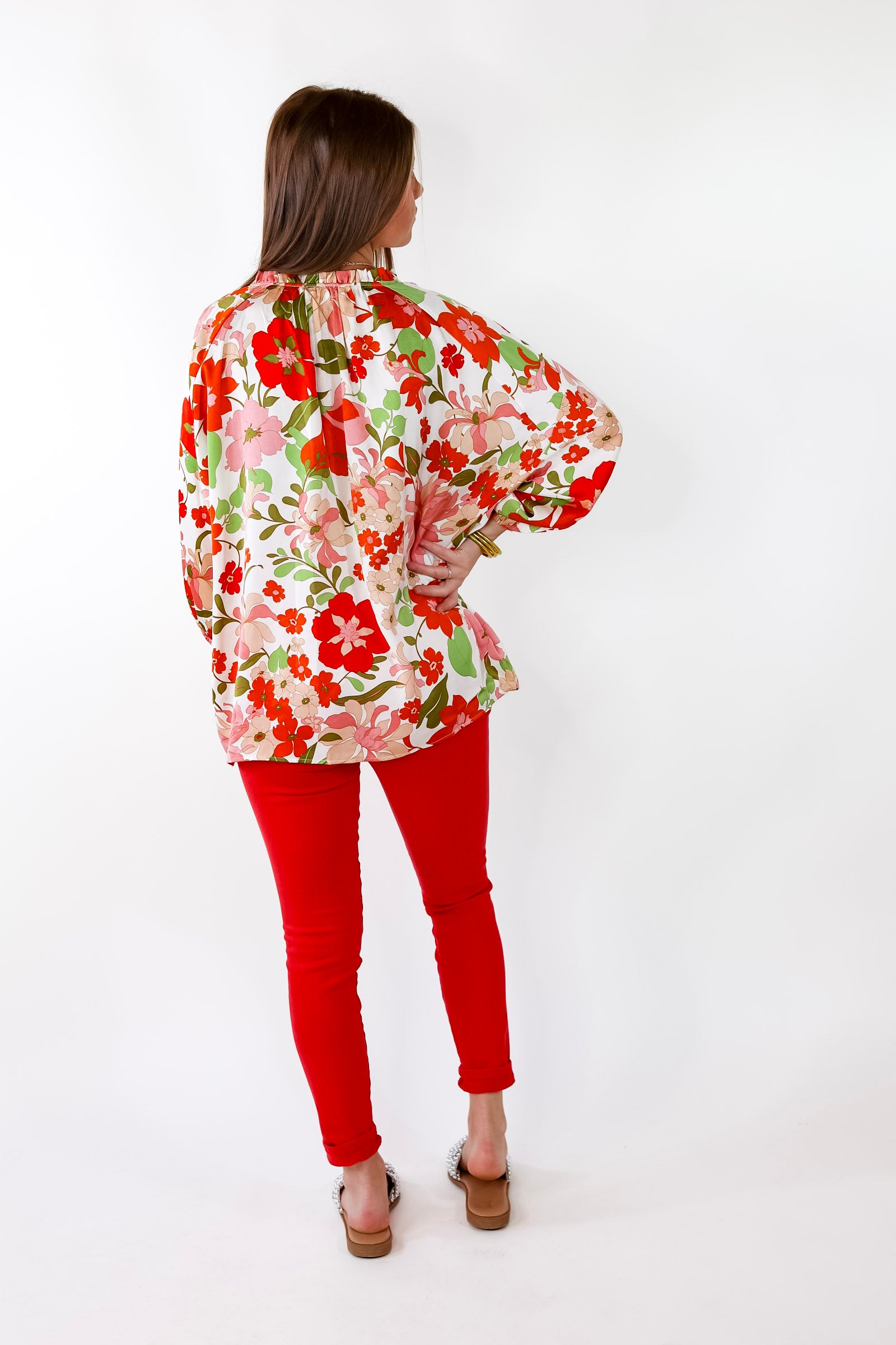 Falling For Floral 3/4 Sleeve Top with Notched Neck in White - Giddy Up Glamour Boutique