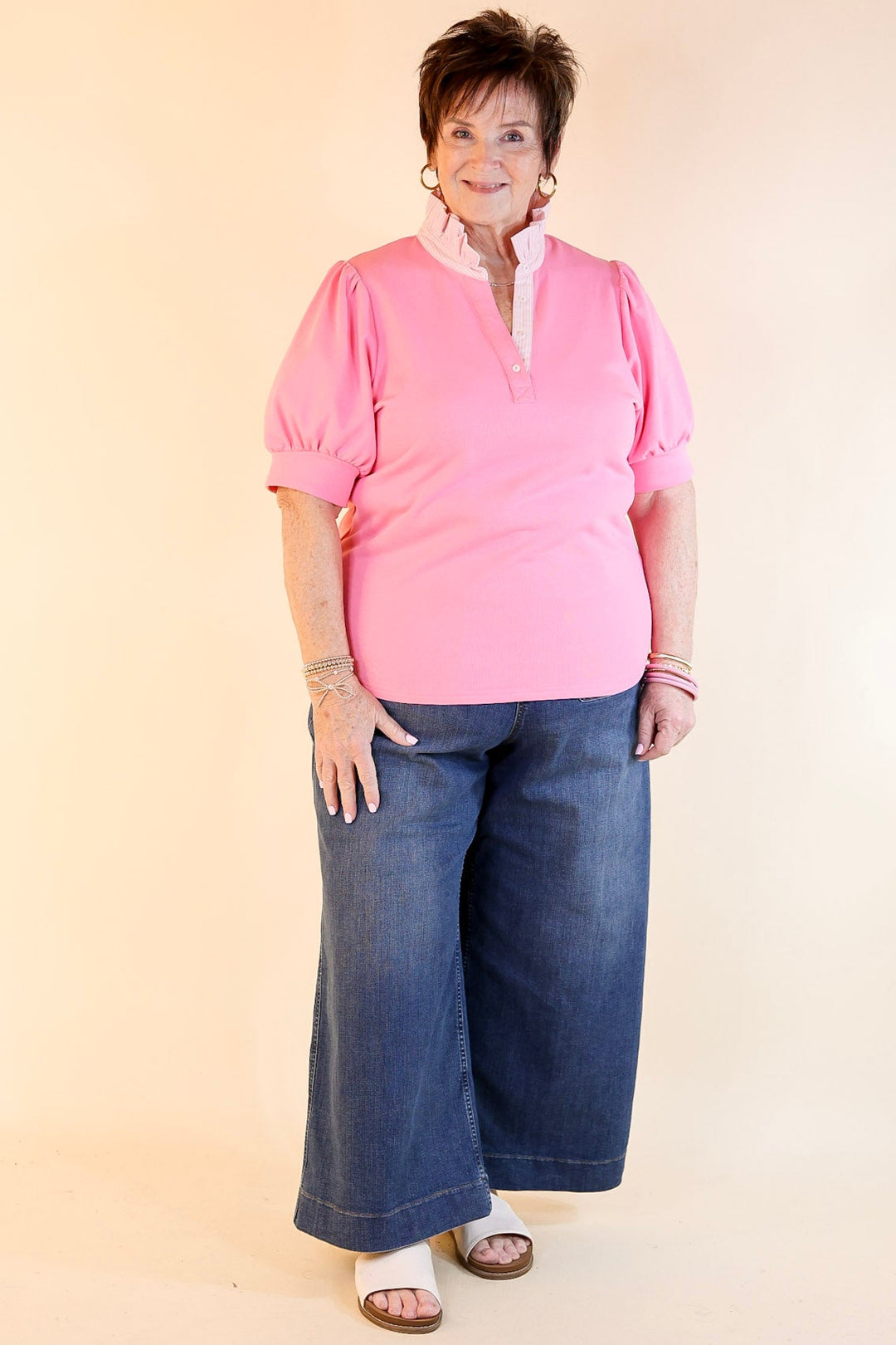 Sleek Sophistication Short Puff Sleeve Top with Striped Collar in Pink