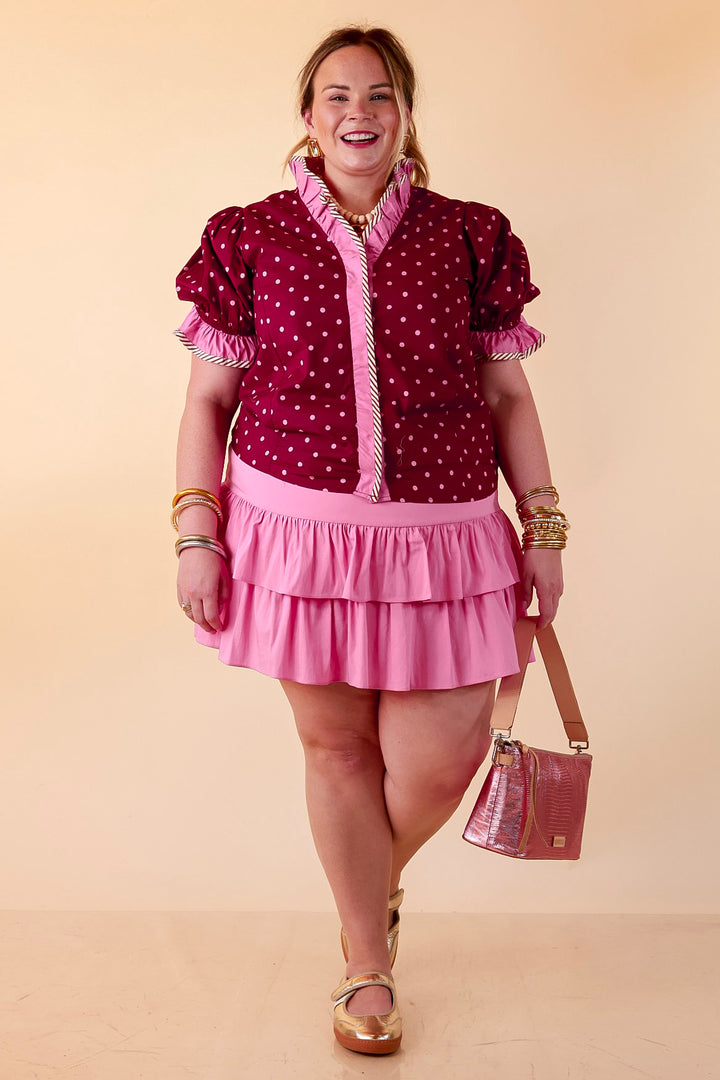 Endless Elegance Ruffled V Neck Polka Dot Print Top in Maroon and Pink