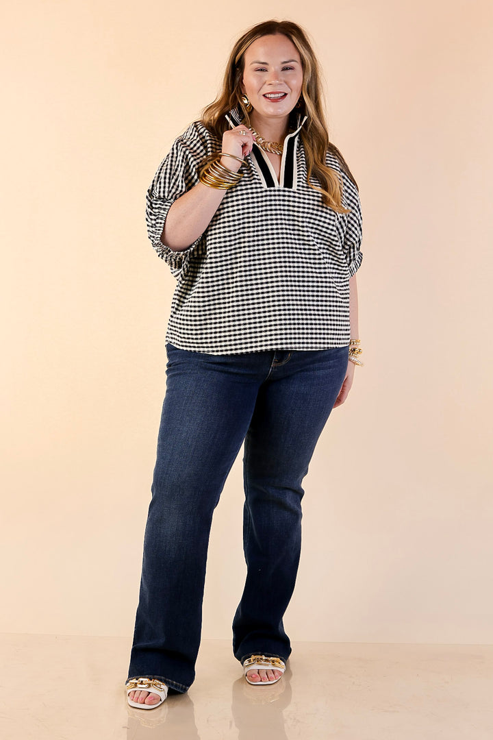 Naturally Stylish Gingham Plaid Top with Contrast Stripe Trim and Short Dolman Sleeves in Black