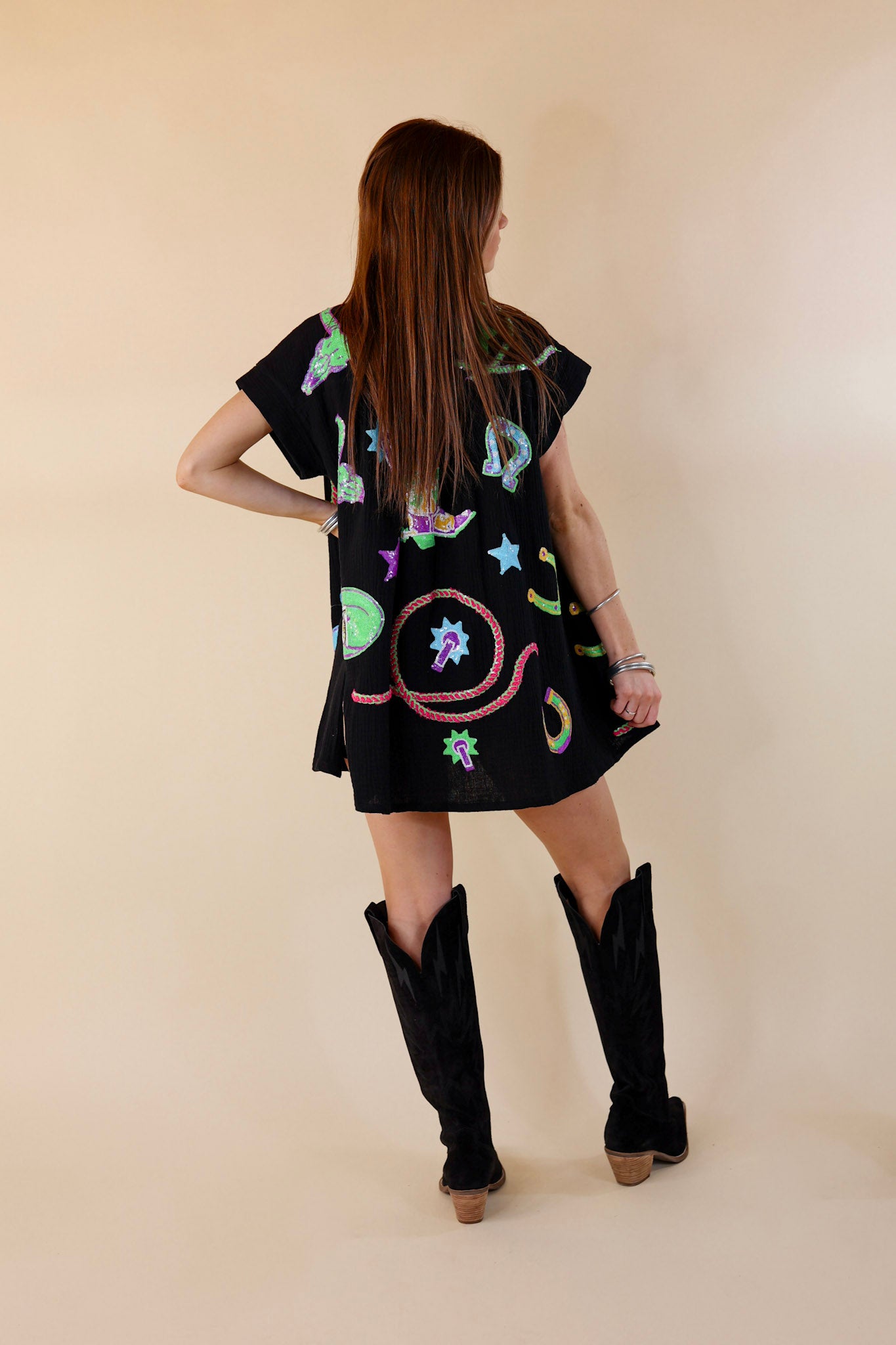 Queen Of Sparkles | Western Icon Short Sleeve Graphic Dress in Black - Giddy Up Glamour Boutique