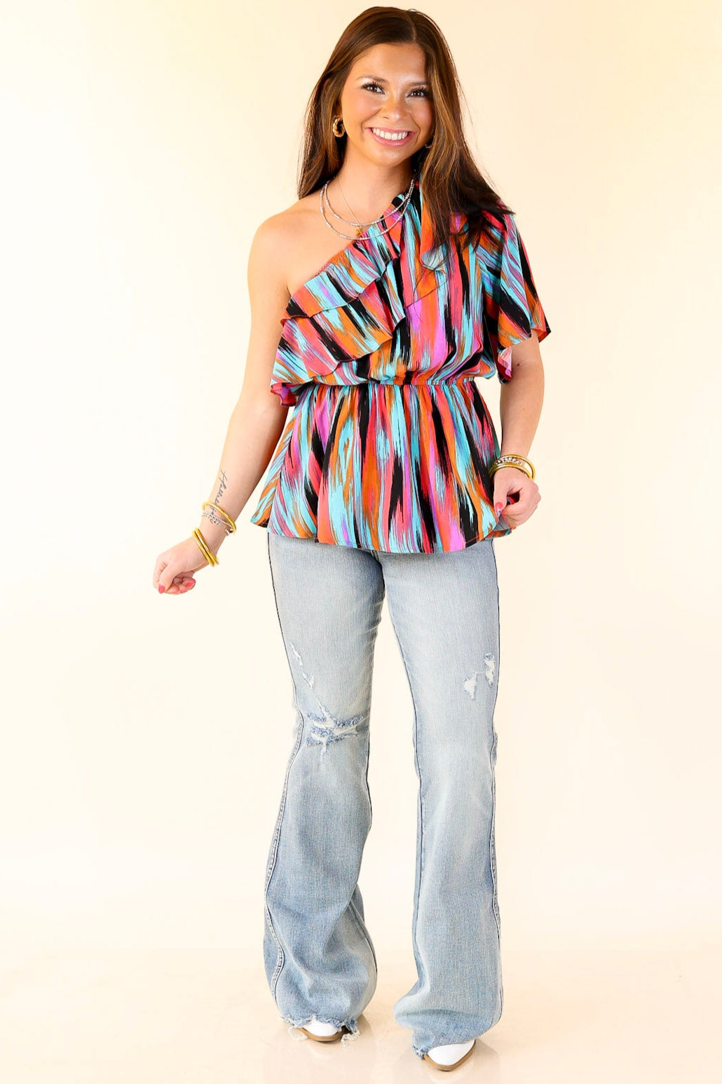 Worth Staying One Shoulder Watercolor Stripe Top in Turquoise and Red Mix