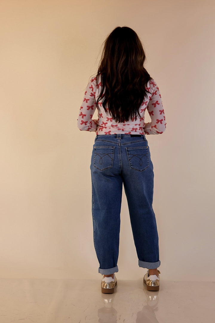 The Perfect Layer Bow Print Mesh Long Sleeve Top in Ivory and Red