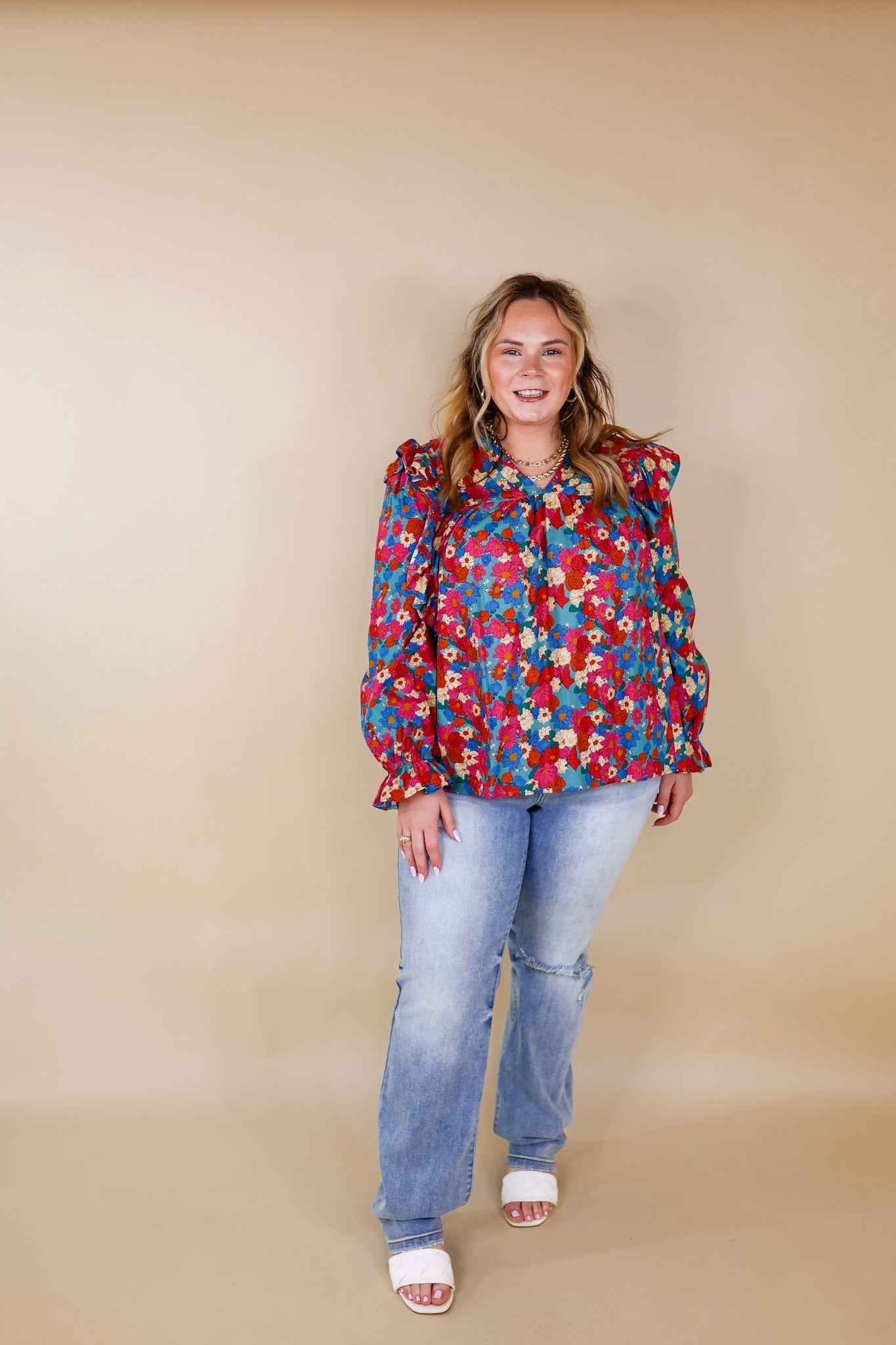 Coffee Perks Floral Ruffle Detail Long Sleeve Top in Turquoise - Giddy Up Glamour Boutique