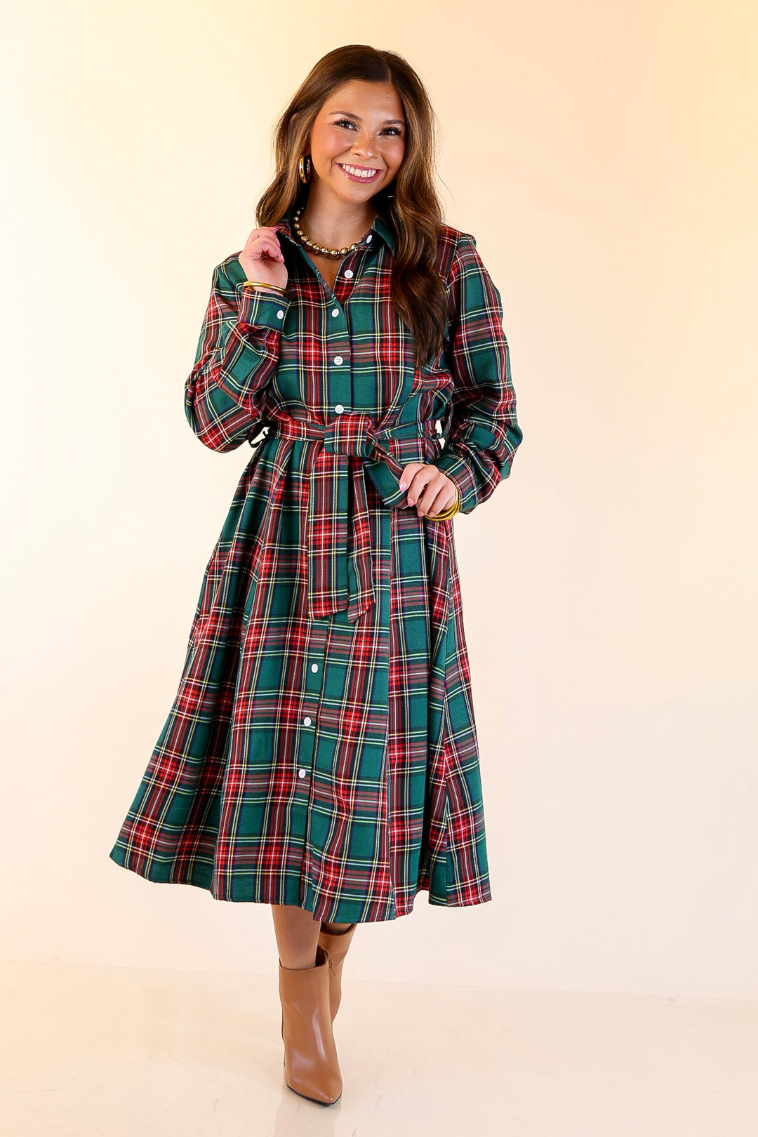 Polished Presence Long Sleeve Plaid Button Up Collared Midi Dress in Green
