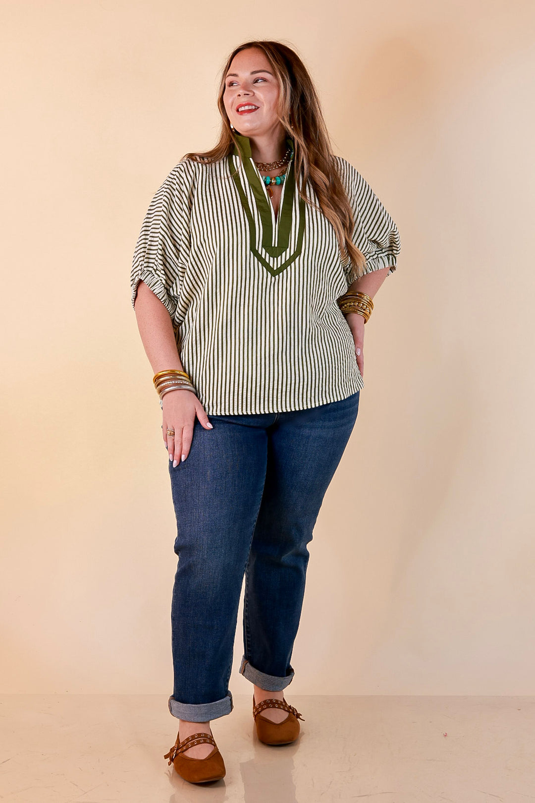Naturally Stylish Stripe Top with Contrast Stripe Trim and Short Dolman Sleeves in Olive Green