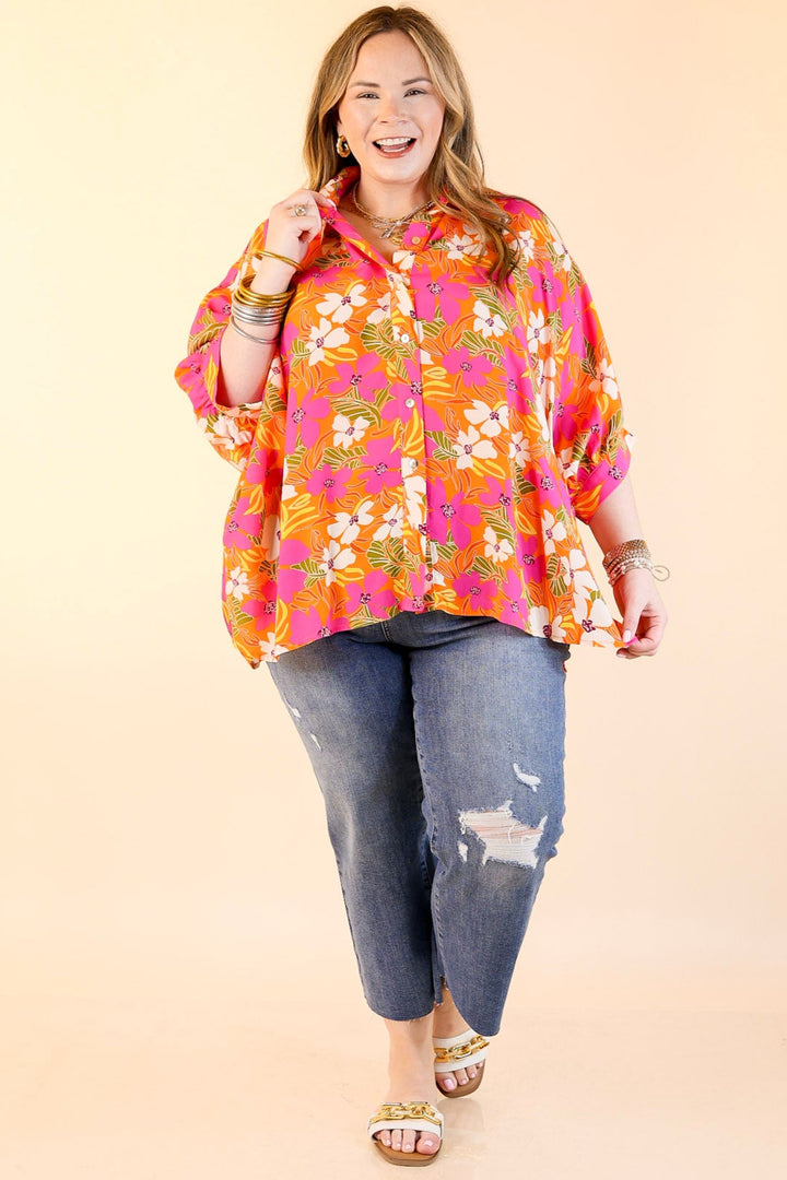 Bright Lifestyle Button Up Half Sleeve Floral Poncho Top in Orange Mix