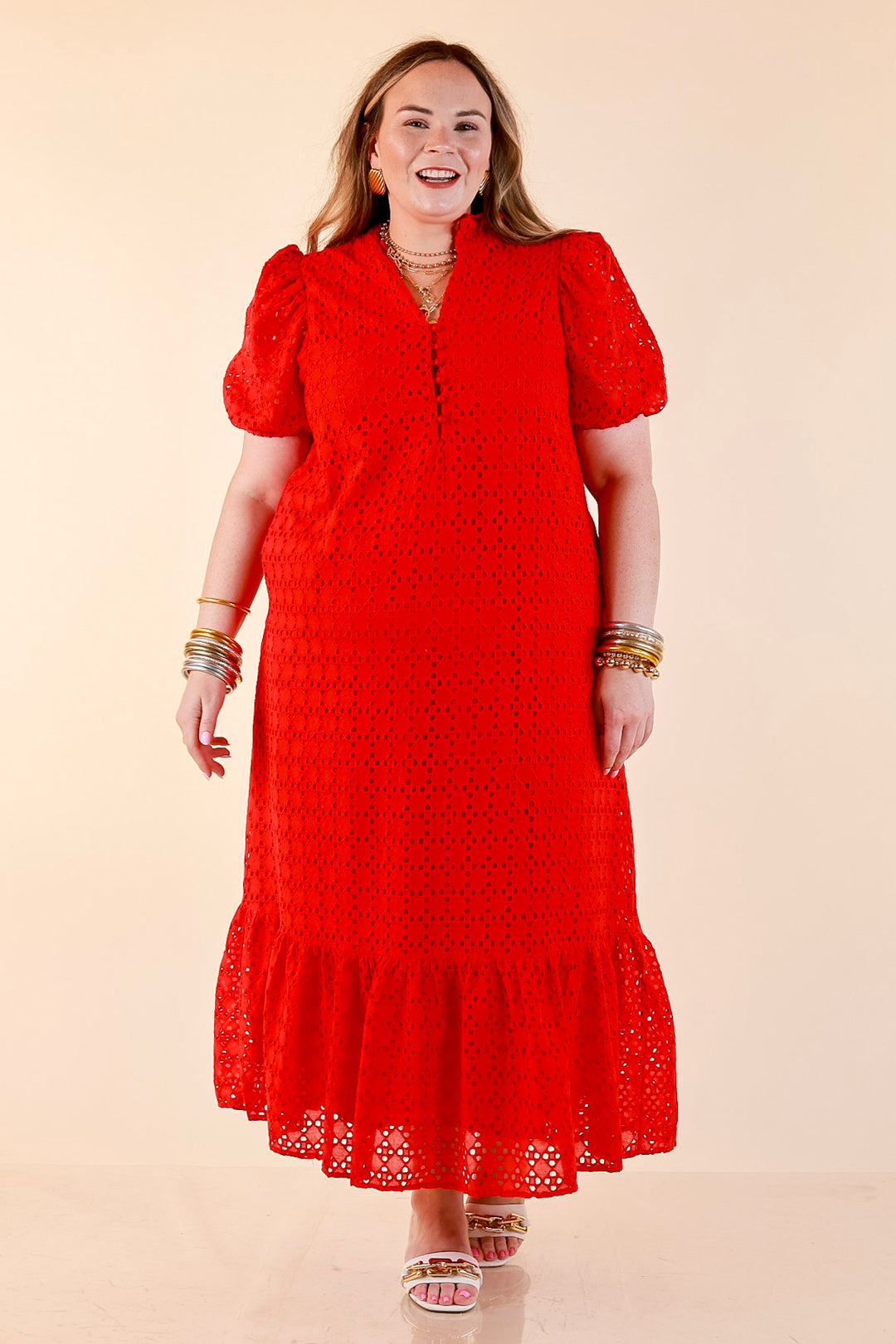 Meet Me at Sunset Eyelet Lace Puff Sleeve Tiered Maxi Dress in Red