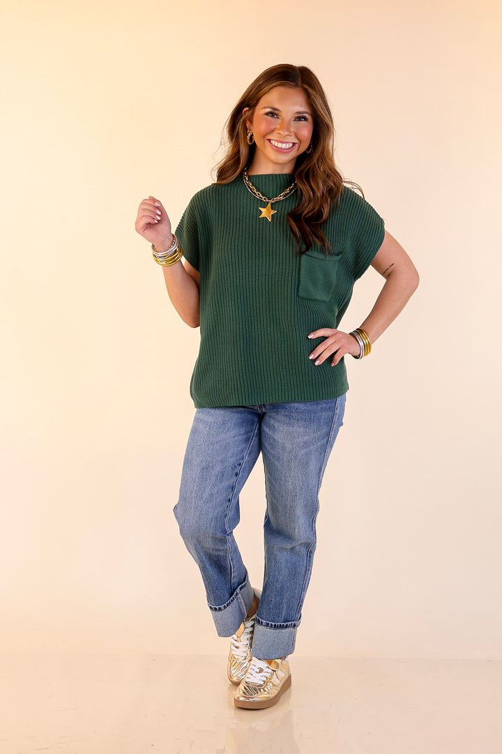 Repeat Ready Cap Sleeve Sweater with Front Pocket in Forest Green