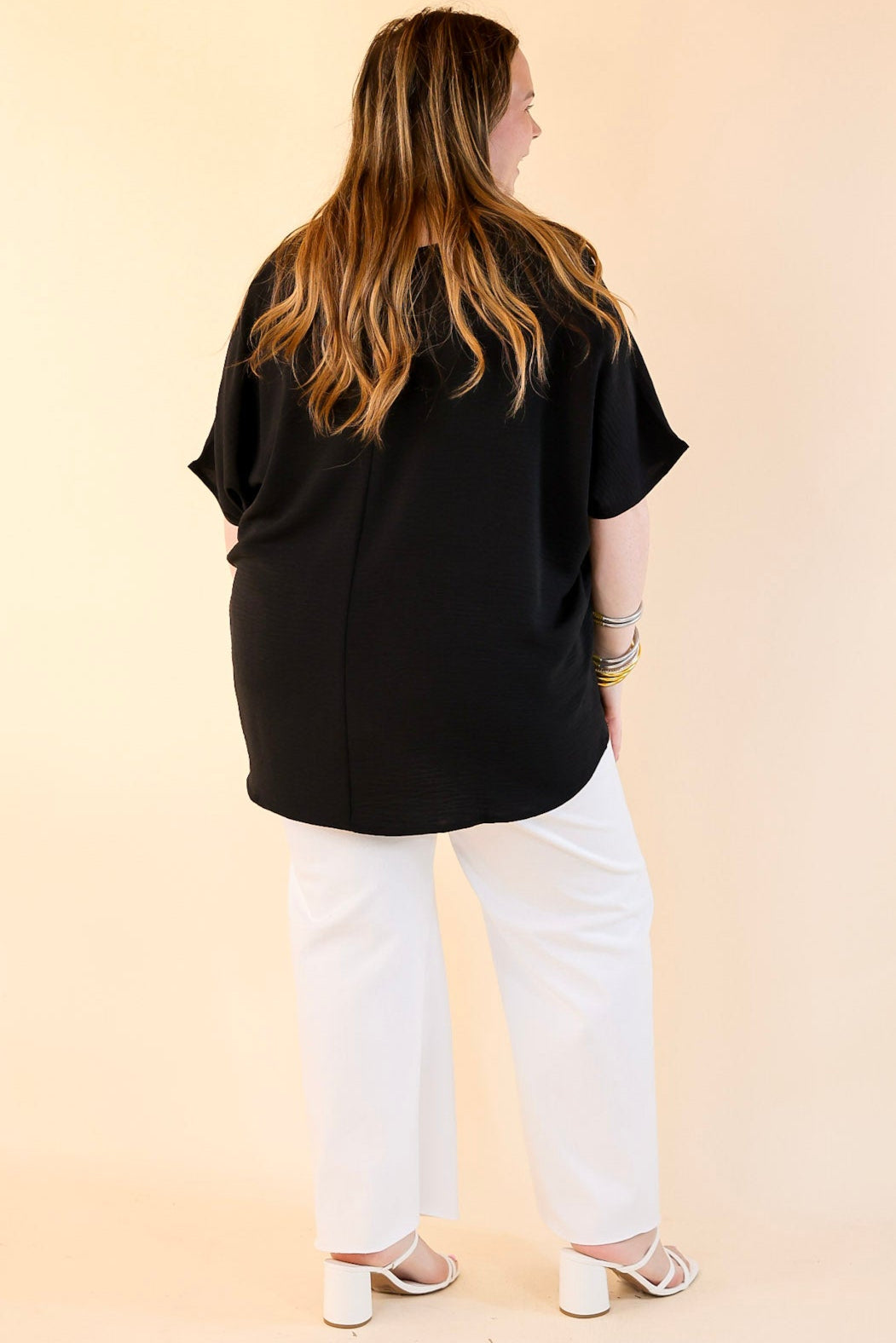 Try To Resist Short Sleeve V Neck Top with Front Pocket in Black