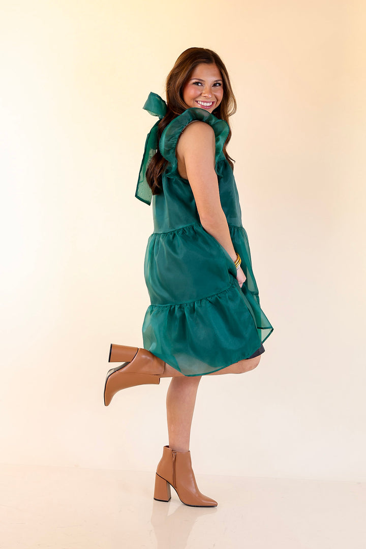 Mud Pie | Jane High Neck Sheer Tulle Ruffle Tiered Dress in Forest Green