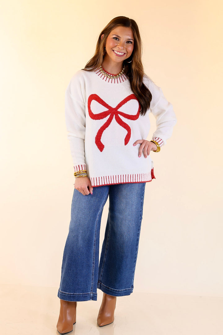Mud Pie | Wilder Red Bow Mock Neck Sweater in Ivory