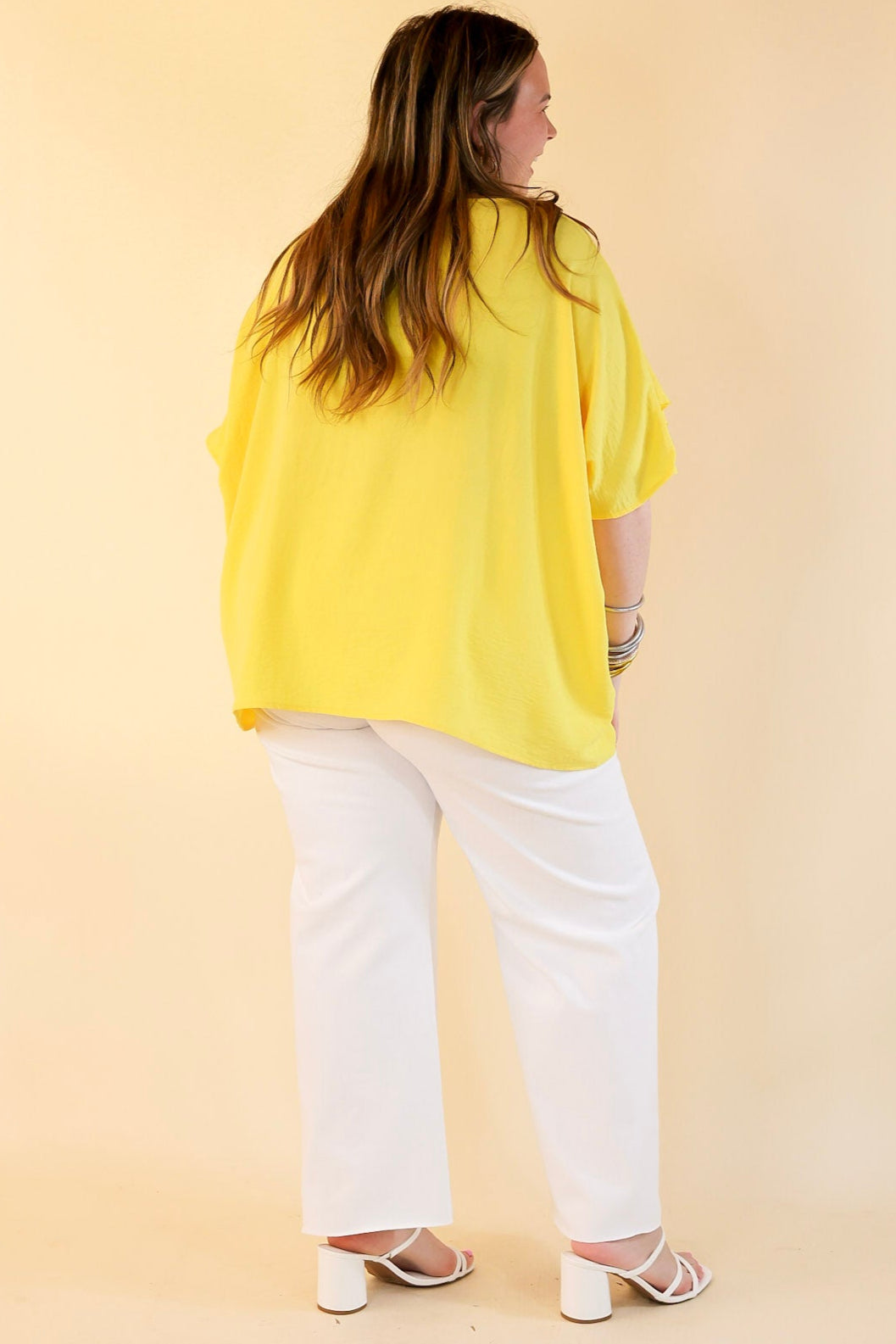 Sip of Spring Ruffle Sleeve Shift Top with V Neckline in Lemon Yellow