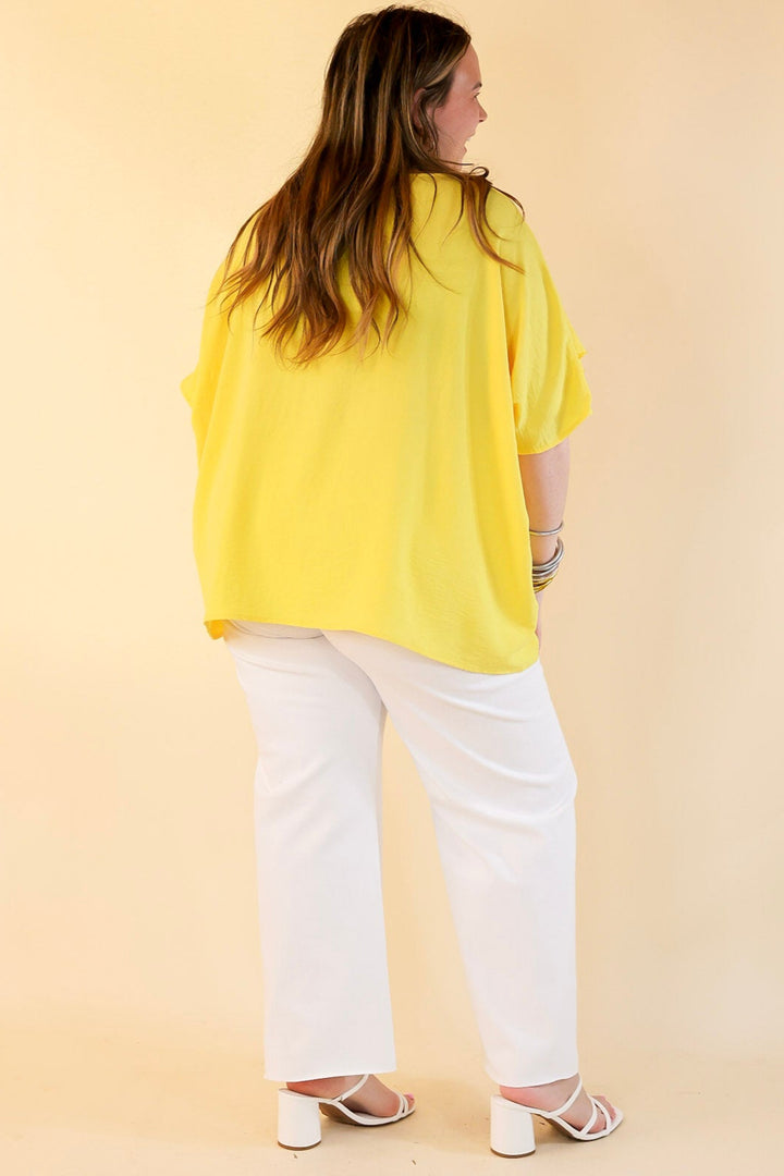 Sip of Spring Ruffle Sleeve Shift Top with V Neckline in Lemon Yellow