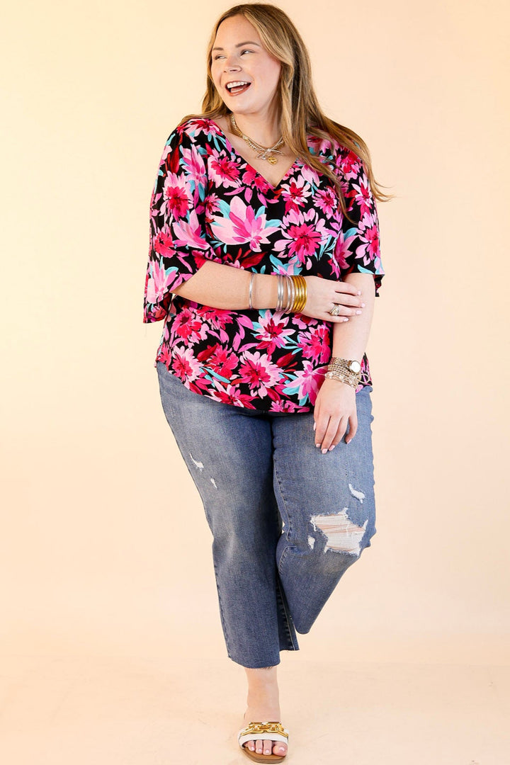 Giving You More Pink Floral Print V Neck Blouse in Black