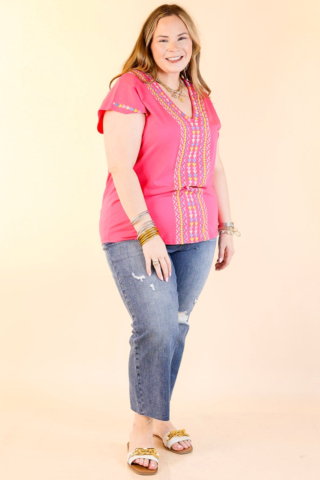 Paradise Found Embroidered Short Sleeve Top with V Neckline in Pink