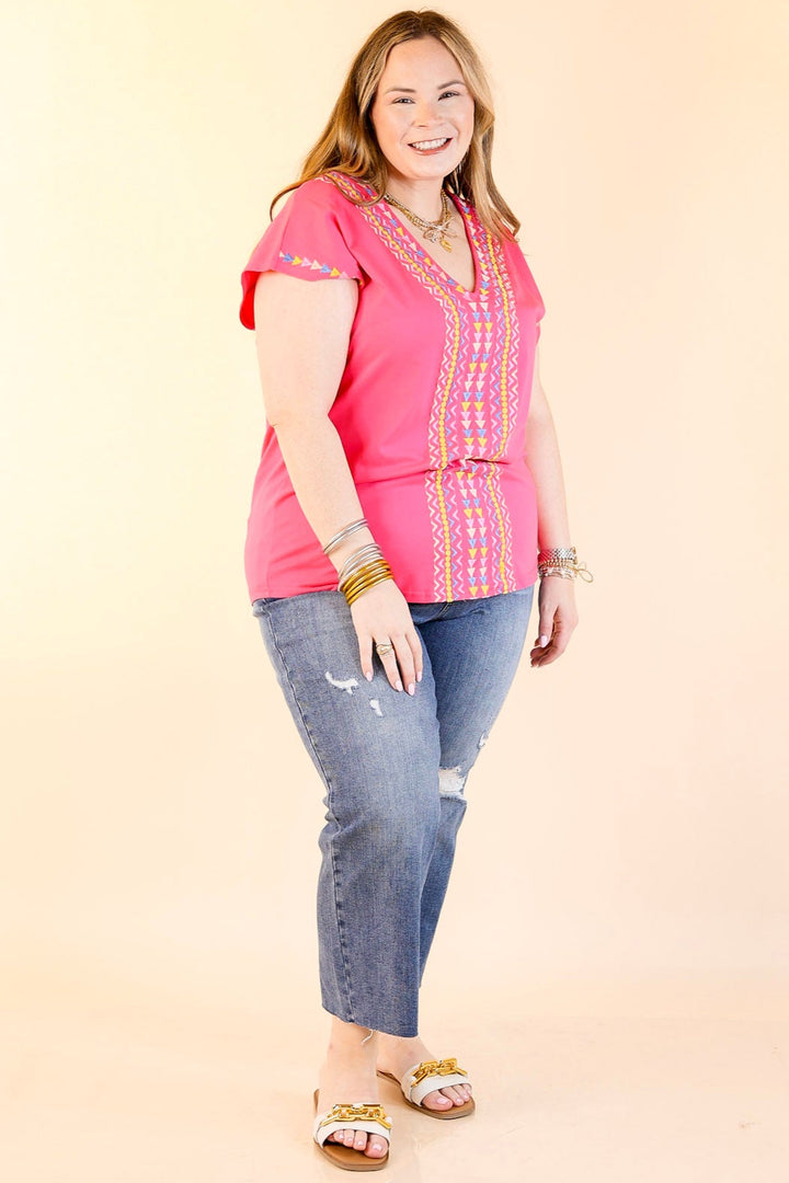 Paradise Found Embroidered Short Sleeve Top with V Neckline in Pink