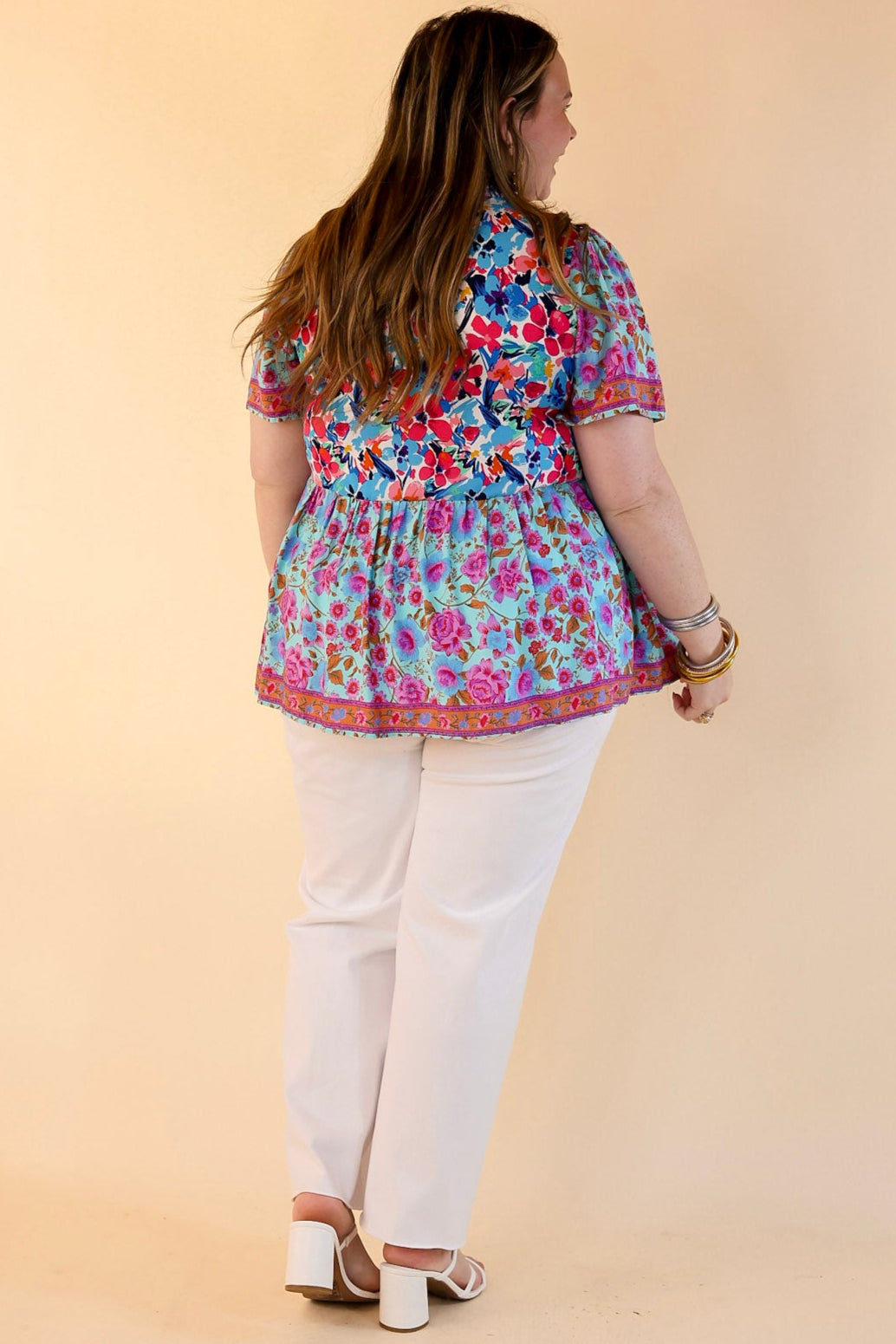 Tulip Fields Floral Print Babydoll Top in Mint Mix