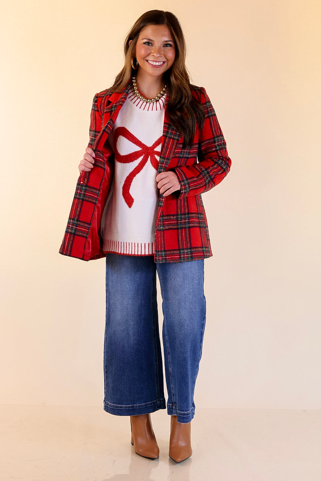 Season to Shine Long Sleeve Tartan Plaid Blazer in Red