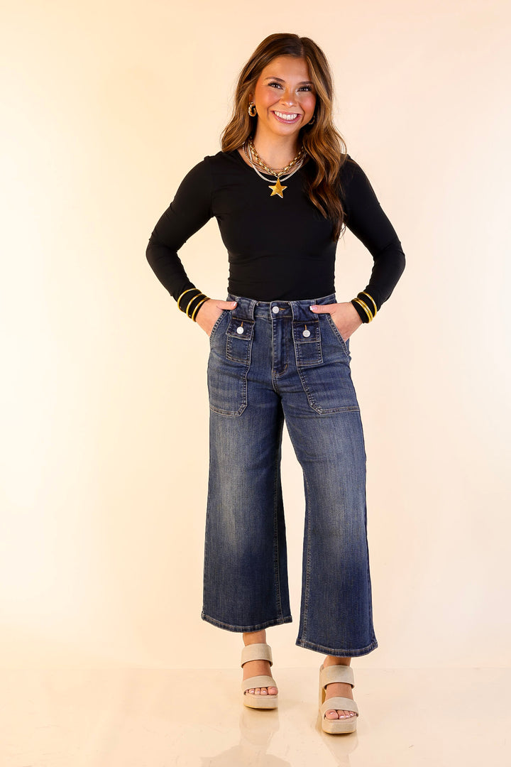 Judy Blue | Chic on the Move Cropped Wide Leg Utility with Front Patch Pocket Jean in Dark Wash