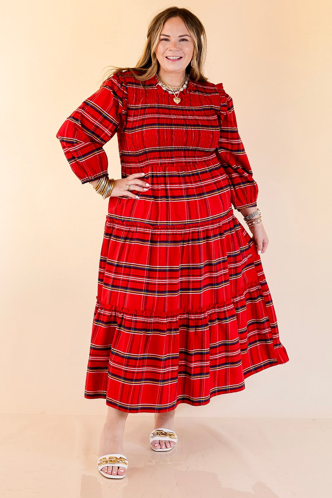 Mud Pie | Walton Smocked Bodice Long Sleeve Plaid Midi Dress with Tiered Skirt in Red