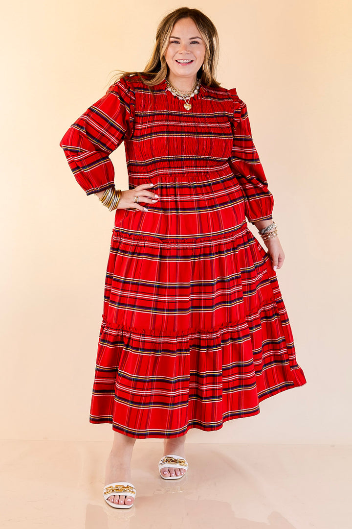 Mud Pie | Walton Smocked Bodice Long Sleeve Plaid Midi Dress with Tiered Skirt in Red