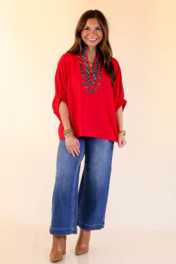 Naturally Stylish Poncho Top with Green Plaid Trim in Red