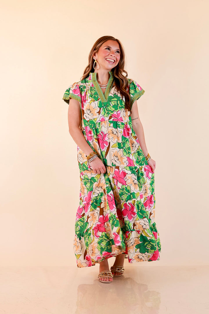 Spring Symphony Floral Print Tiered Midi Dress with Flutter Sleeves in Pink and Green