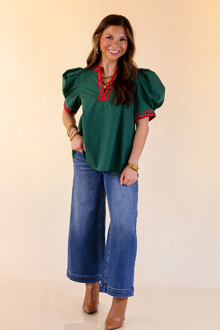 Commanding Style V Neck Top with Short Balloon Sleeves and Plaid Trim in Hunter Green