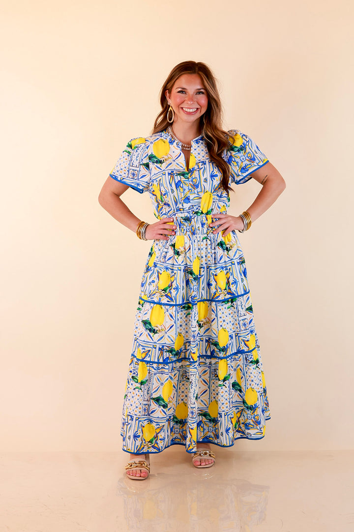 Villa Views Lemon and Tile Abstract Print Tiered Midi Dress in Blue and Yellow