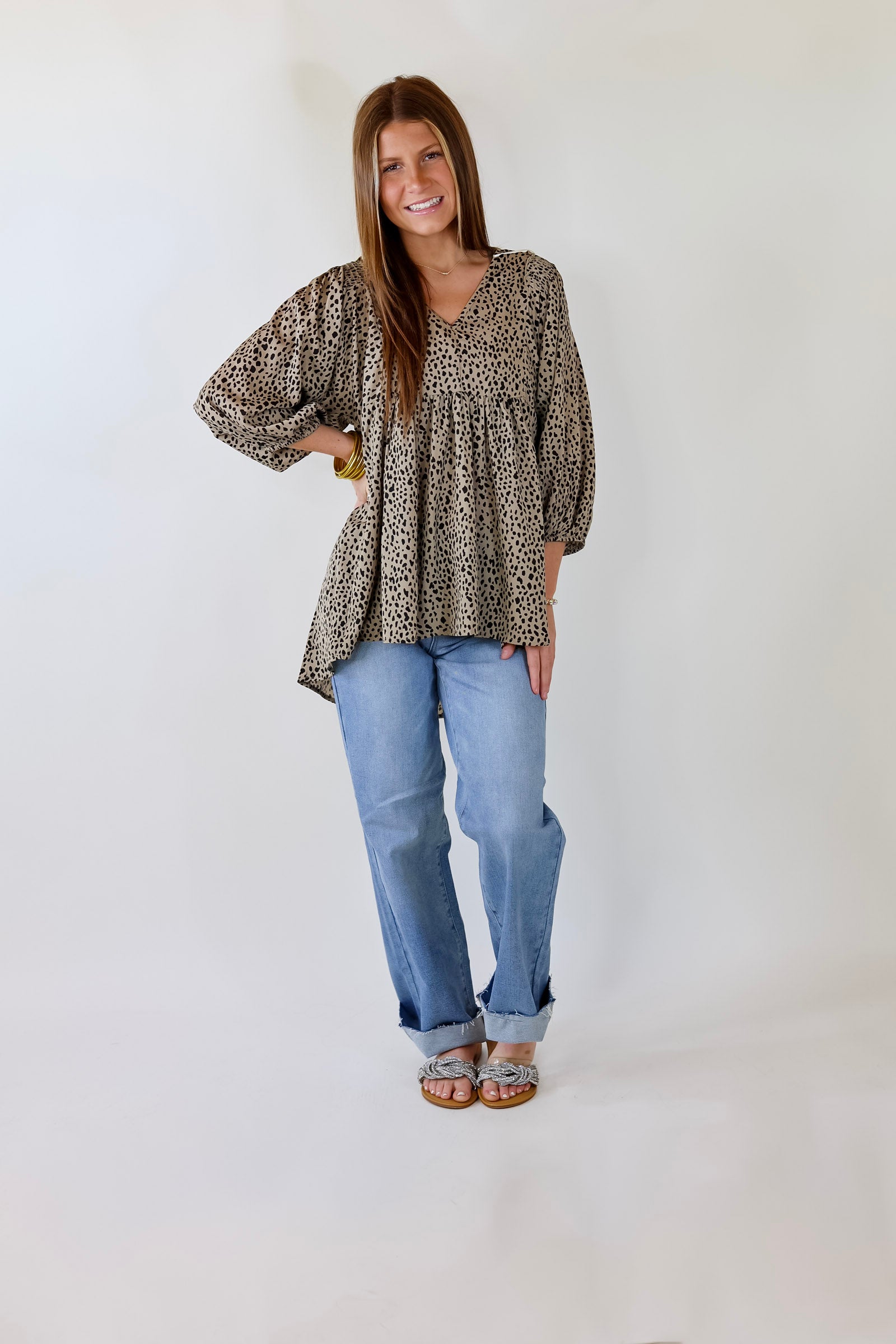 Charming Day Dotted Babydoll Top with Ruched Shoulders in Taupe - Giddy Up Glamour Boutique