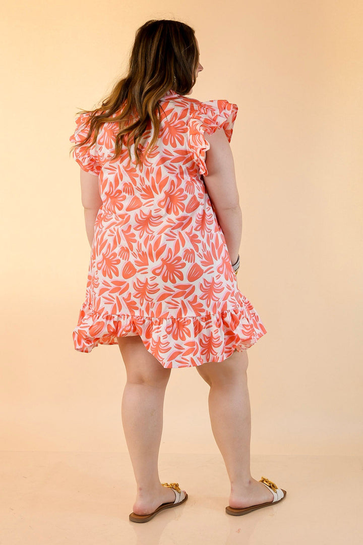 Sweet Escape Floral Print Dress with Ruffle Cap Sleeves in Coral Orange