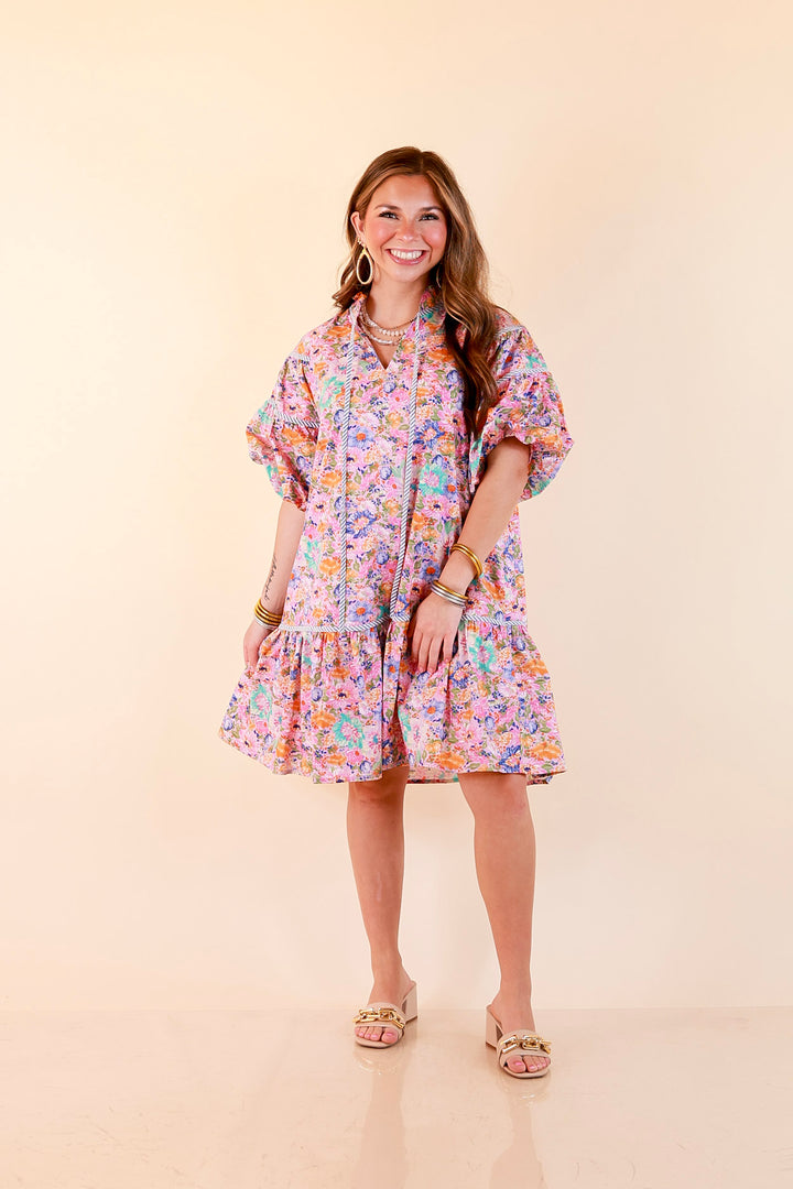 Darling Detail Floral Print Drop Waist Mini Dress with Contrast Trim in Pink Multi
