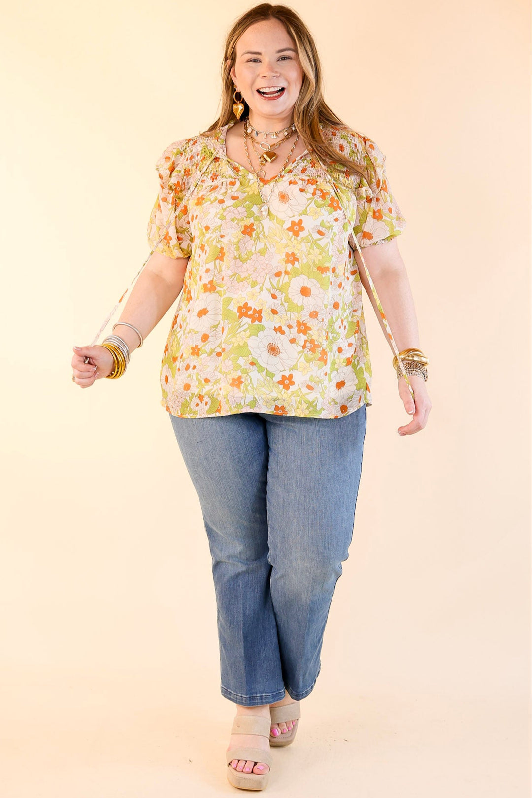 Daily Basis Front Keyhole Floral Top in Ivory and Green
