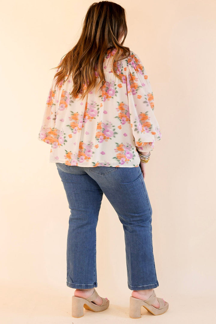 Garden Glow Watercolor Floral Print Blouse with High Neckline in Ivory
