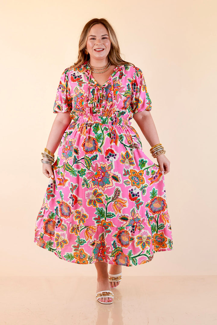 Color Me Happy Floral Print Midi Dress with Tie Neckline and Puff Sleeves in Pink