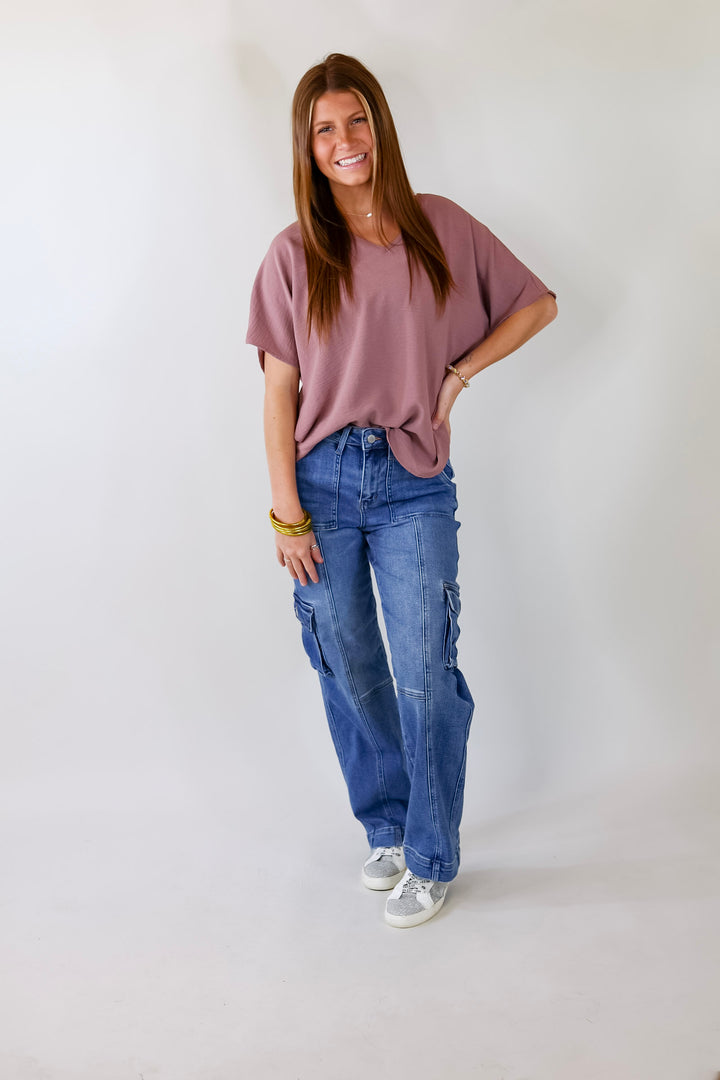 Lovely Dear V Neck Short Sleeve Solid Top in Mauve Purple - Giddy Up Glamour Boutique