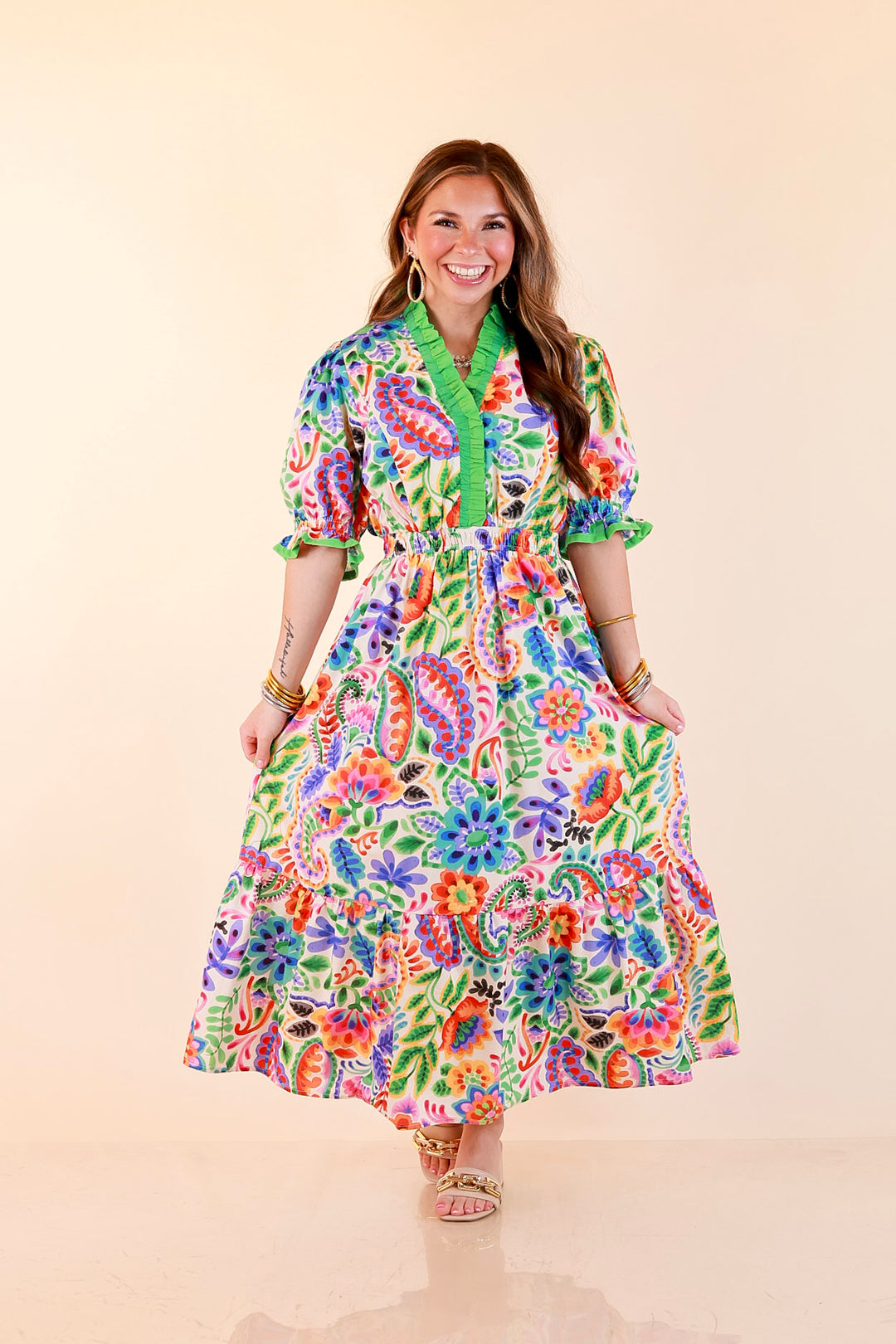 Gracefully Yours Floral and Paisley Print Midi Dress with Contrast Ruffle Trim in Ivory
