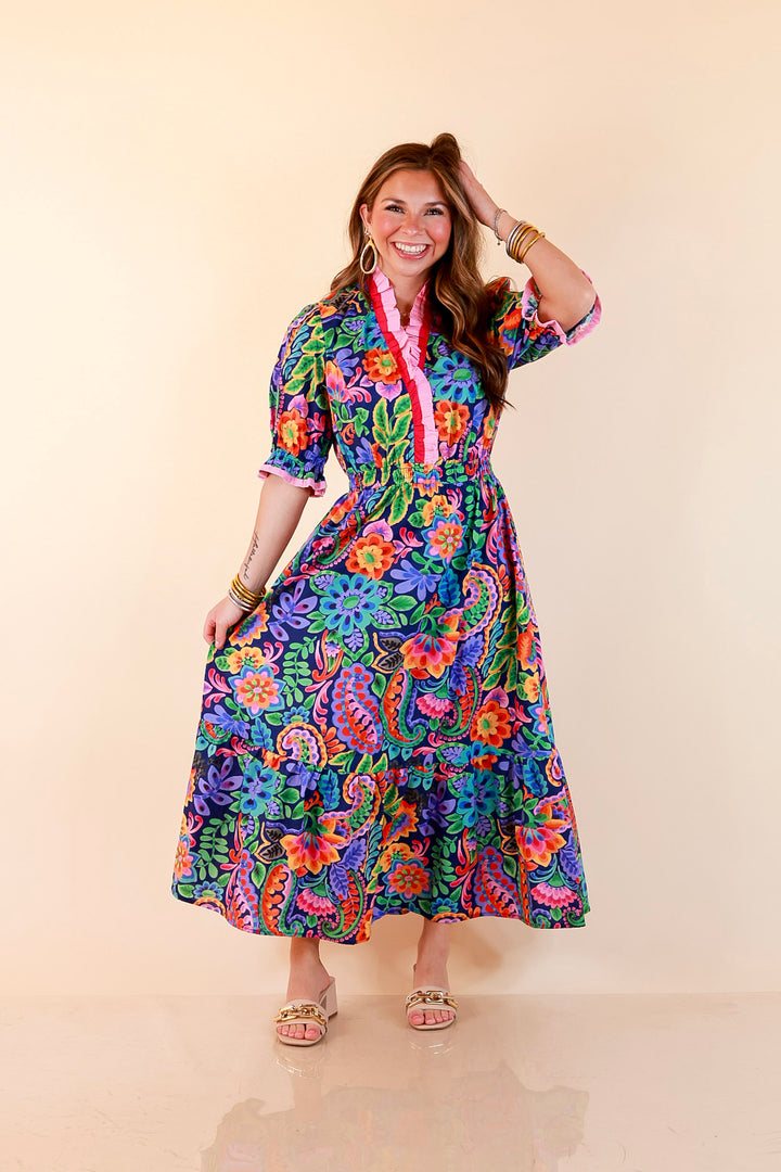 Gracefully Yours Floral and Paisley Print Midi Dress with Contrast Ruffle Trim in Navy Blue