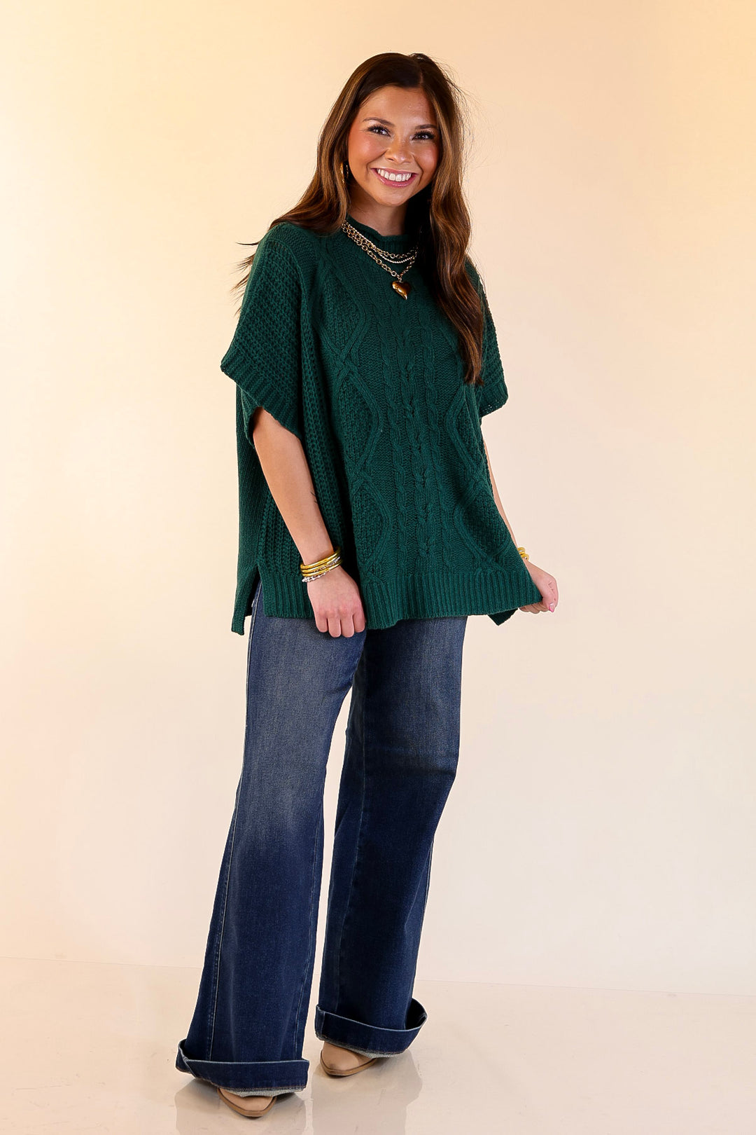 Mud Pie | Claude Oversized Cable Knit Dropped Shoulder Sweater in Forest Green