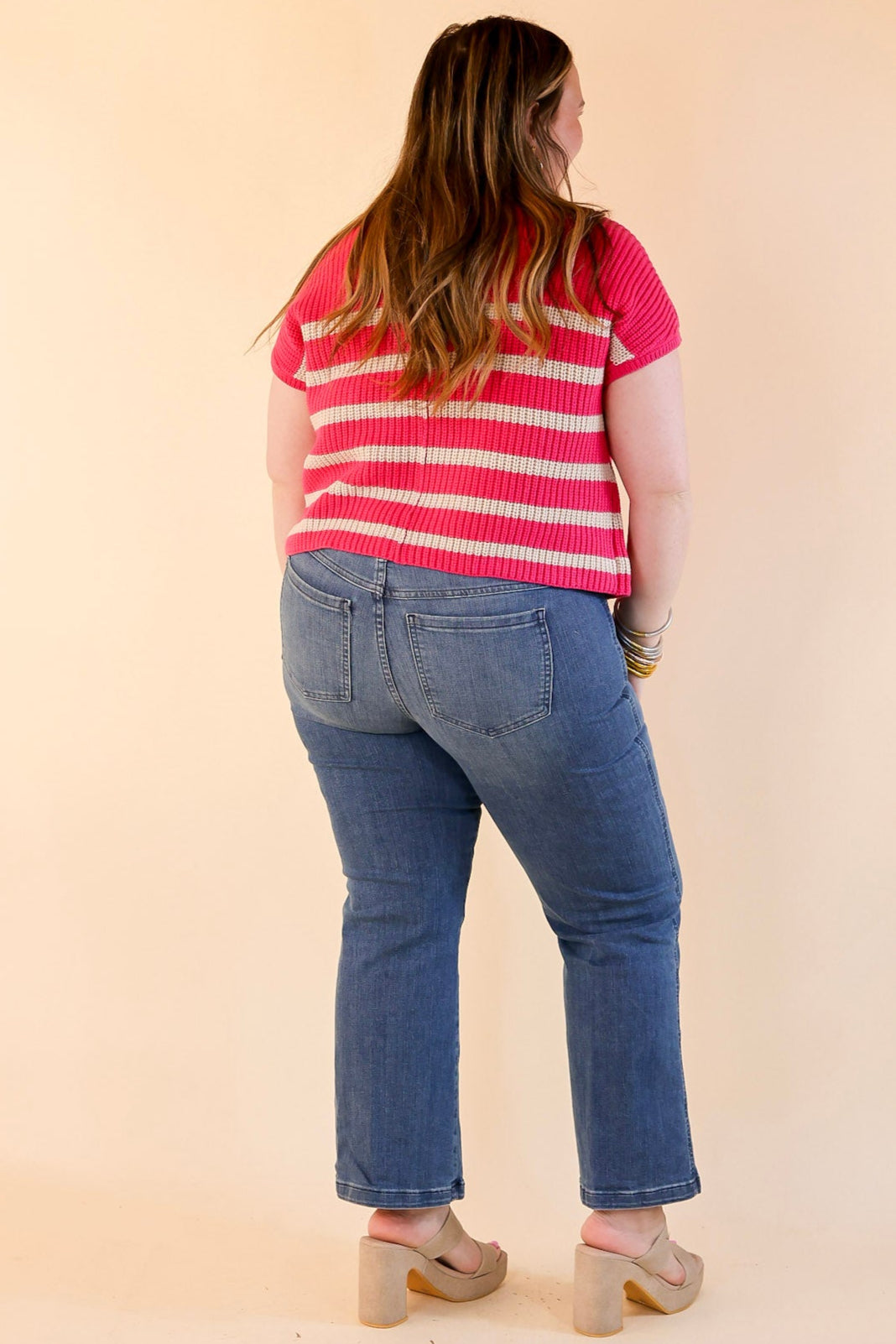 Repeat Worthy Striped Cap Sleeve Cropped Sweater with Front Pocket in Hot Pink