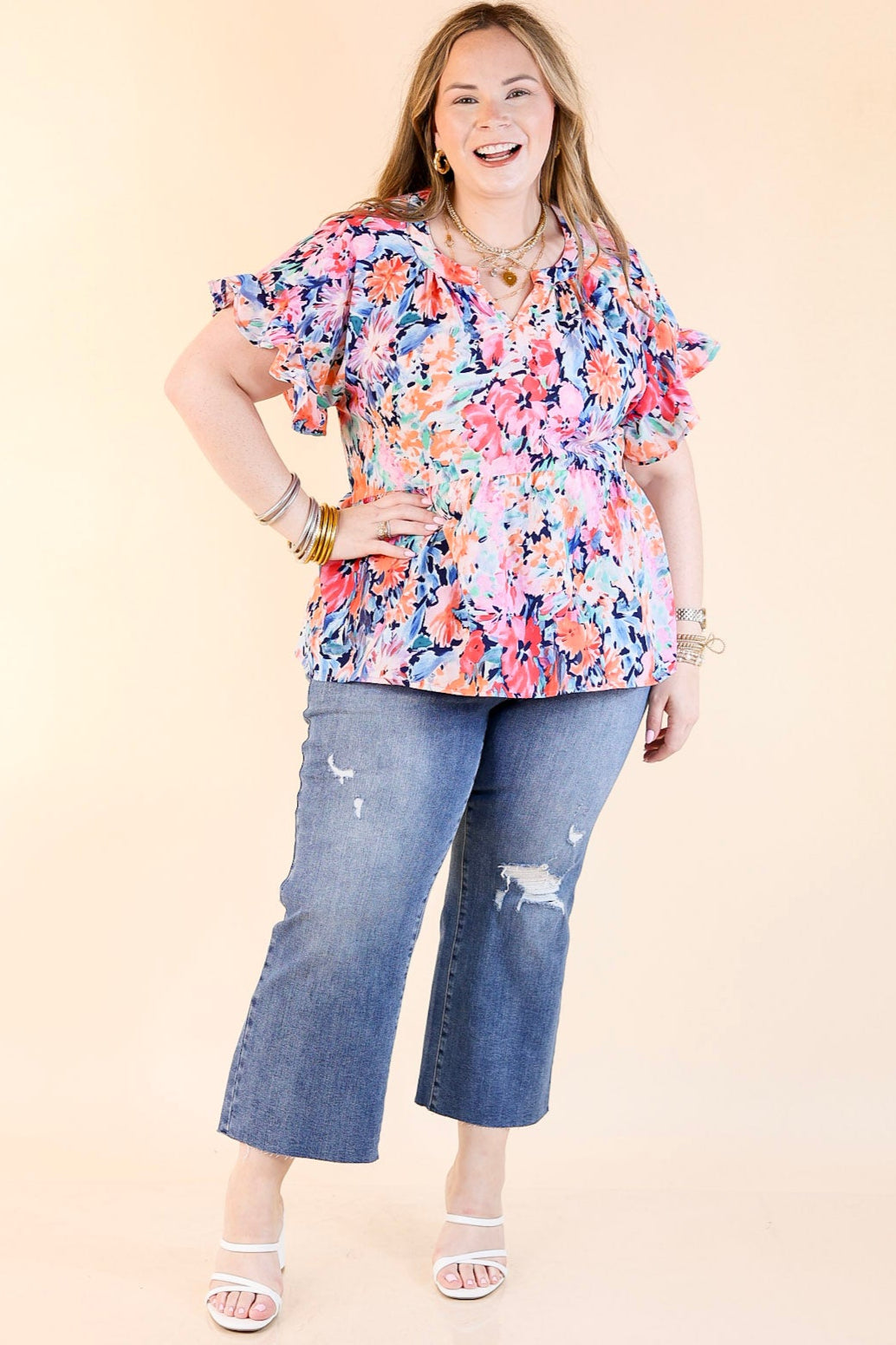 Spring Fever Floral Babydoll Top with Ruffle Short Sleeves in Pink and Blue Mix