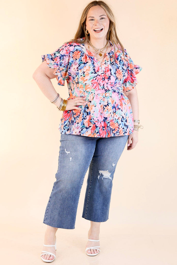 Spring Fever Floral Babydoll Top with Ruffle Short Sleeves in Pink and Blue Mix